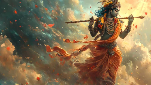 Divine blue-hued flute player in swirling saffron drapery