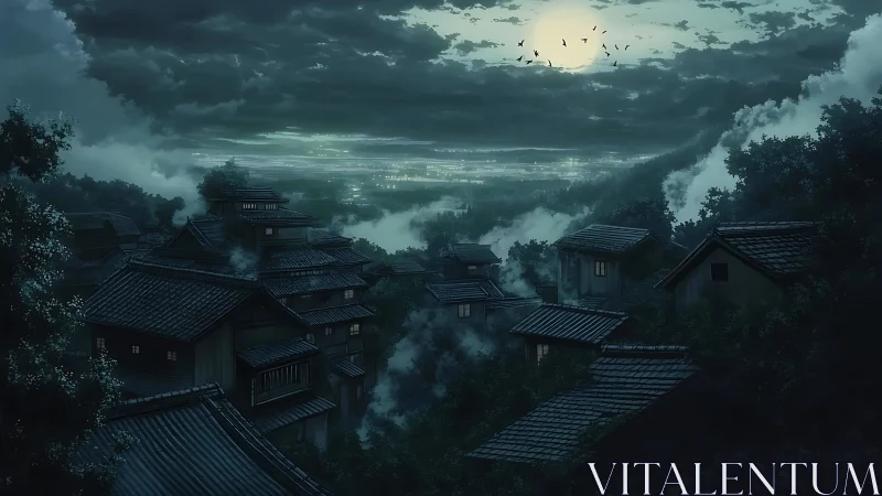 Moonlit mist drifts over quiet hillside village rooftops