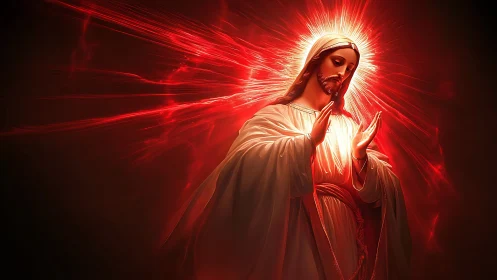 Radiant sacred figure in white robes with glowing red halo.