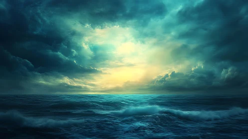 Stormlit ocean horizon under teal thundercloud sky.