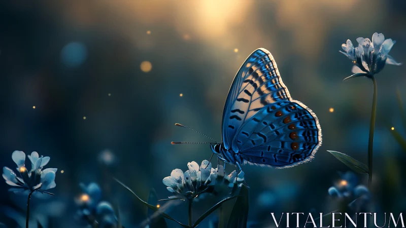 Bioluminescent blue butterfly on meadow flowers at dusk
