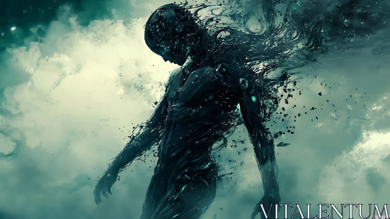 Shattered cybernetic silhouette dissolving into teal storm clouds.