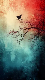 Silhouetted bird on branch against vertical gradient background