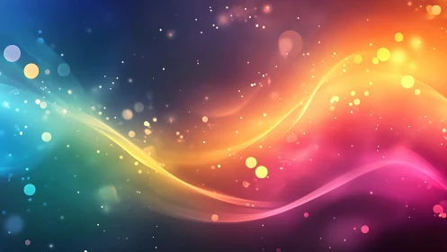 Colorful flowing light waves on dark abstract background.