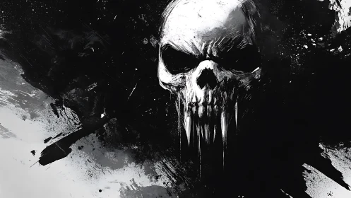 Monochrome skull emerges through jagged ink splatter void
