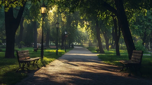 Sunlit park pathway shows benches and trees under lampposts