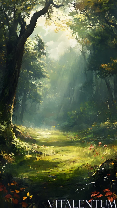 Enchanted Forest Pathway with Dramatic Crepuscular Light.