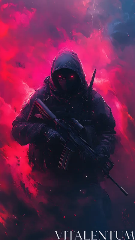 Hooded sentinel in neon mist stepping from the shadows.