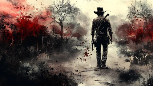 Lone gunslinger walks into desaturated, blood-streaked wasteland
