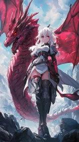 White haired warrior stands before red dragon ally.