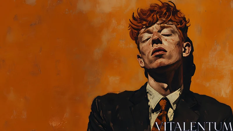 Expressive red-haired portrait against saturated orange field.