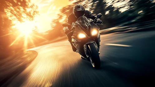 Golden hour motorcycle rush along a sunlit forest road.