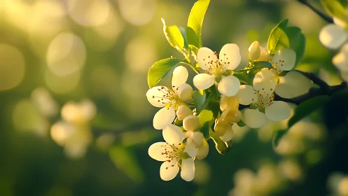 Delicate White Pear Blossoms Glow in Golden Spring Light.