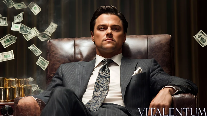 Powerful businessman reclines as money floats around him.