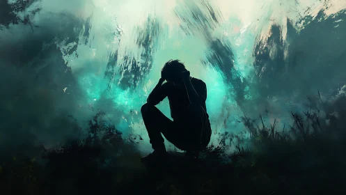 Silhouetted figure crouching in moody cyan atmospheric haze