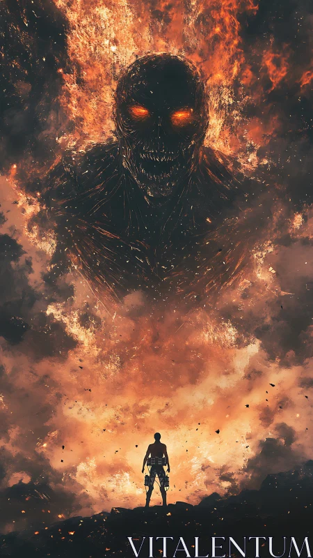 Lone warrior confronts colossal fiery demon in raging inferno.