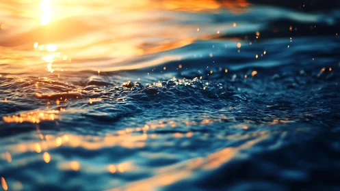 Sunlit wave surface captures dynamic golden-hour reflections