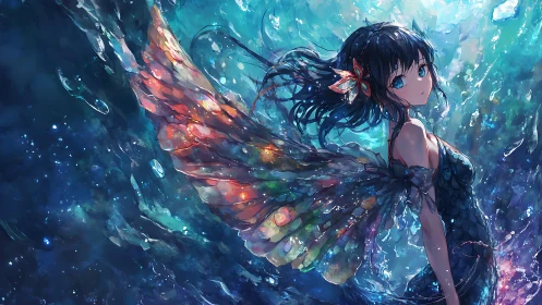 Iridescent winged mermaid drifts in a shimmering ocean dream