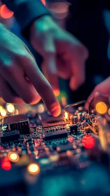 Hands-on diagnostics over illuminated electronic circuit board.