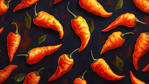 Vivid orange chilies on dark textured digital pattern