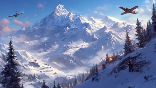 Snow-covered mountain battlefield shows aircraft over valley