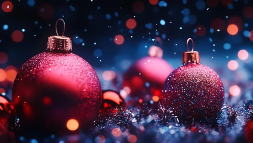 Red Christmas baubles glow against soft bokeh lights