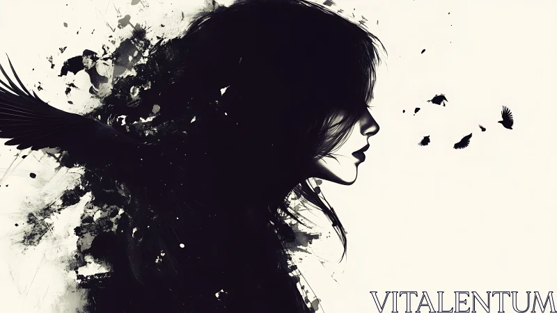 Monochrome ink portrait with abstract raven dispersion effect.