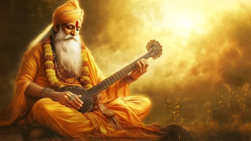 Elderly musician in saffron robes playing string instrument.