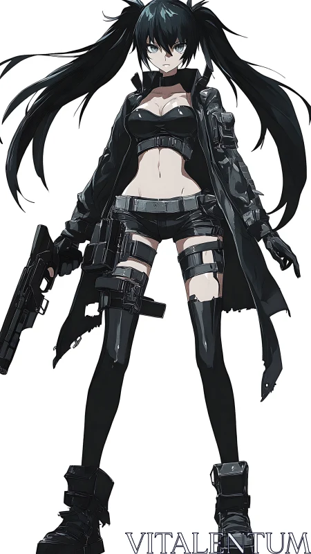 Dual-wielding anime warrior stands in tactical black gear.