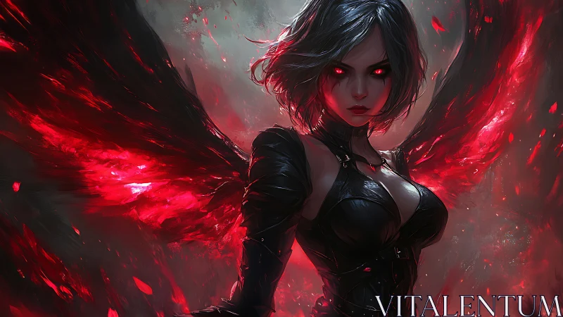 Dark winged woman with glowing red eyes stands in flames