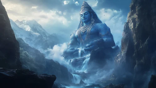Colossal blue deity statue integrated into mountain valley.