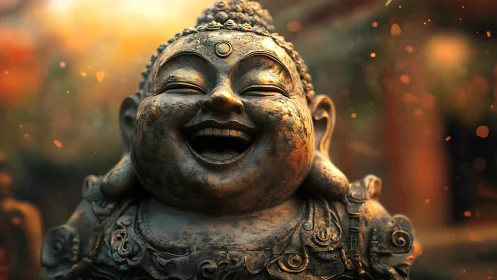 Radiant laughing Buddha statue amid warm bokeh embers.