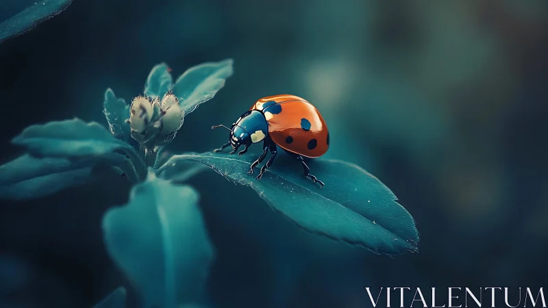 Gentle ladybug pauses on a leaf in soft forest light