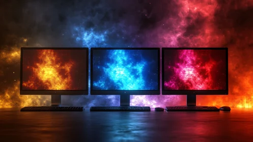 Triple monitors with vivid nebula displays in dark studio.