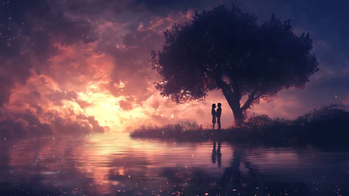Silhouetted Couple Beneath Towering Oak Under Dramatized Sunset Sky