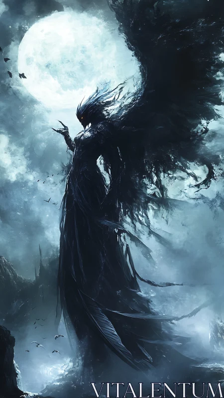 Nocturnal wraith deity silhouetted against high-contrast full moon