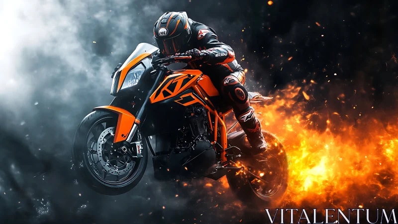 Motorcyclist on orange sport bike amid fire and smoke.