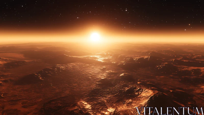 Red horizon hums as alien sunrise ignites rusted ridges