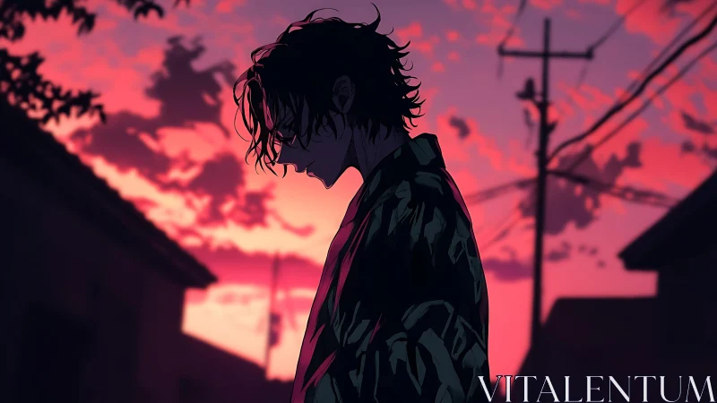 Silhouetted loner beneath neon dusk anime skyscape.