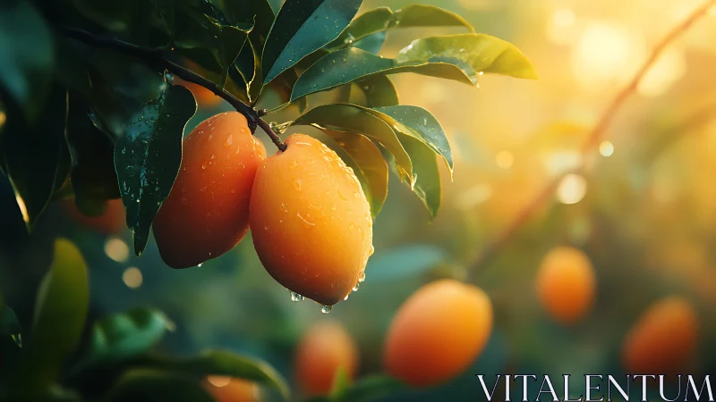 Sunlit mangoes linger in dewdrop-sparkled morning hush