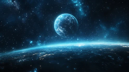 Photorealistic deep-space horizon with luminous exoplanet.