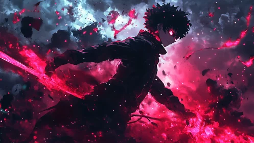 Dark-haired anime warrior channeling crimson energy storm