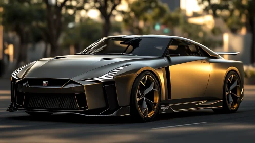Matte gold Nissan GT-R concept car glides through city street