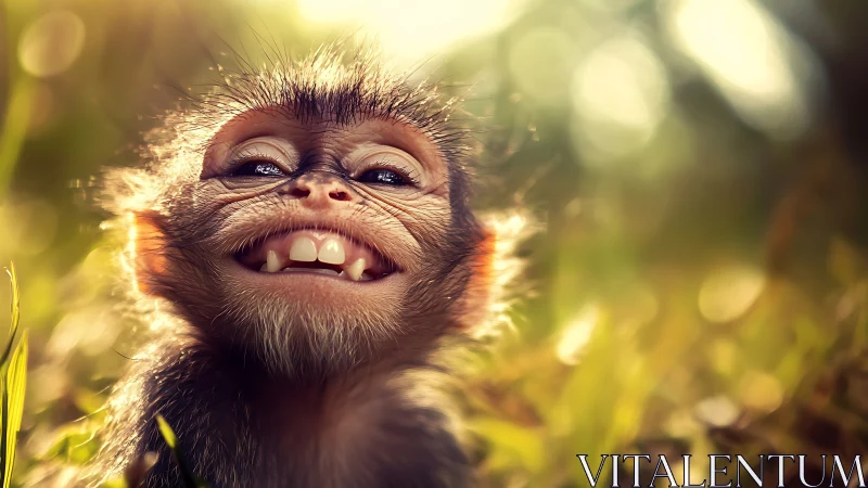 Sunlit baby monkey beams with delight in golden grass.