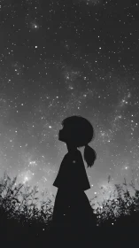 Silhouette of child in field under dense starry night sky.