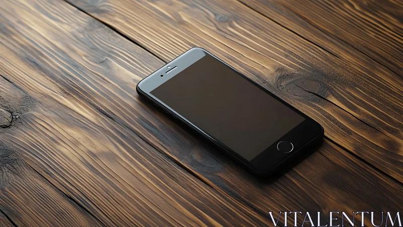 Modern smartphone rests on rich wooden surface