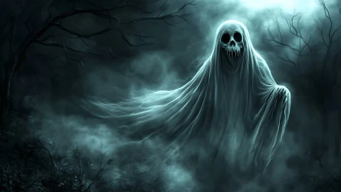 Spectral wraith glides through fog-choked haunted forest