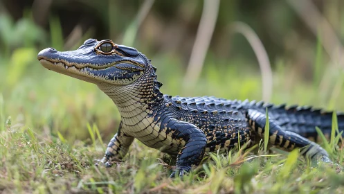 Young alligator resting alertly on grassy wetland ground.