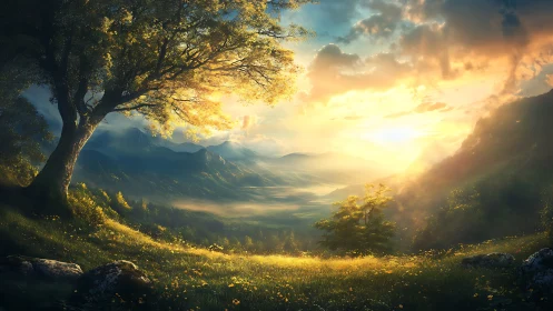 Digital painting landscape with luminous alpine sunrise panorama.