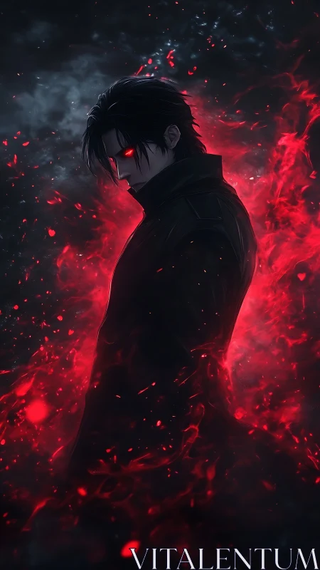 Dark anime antihero radiates crimson energy in profile view